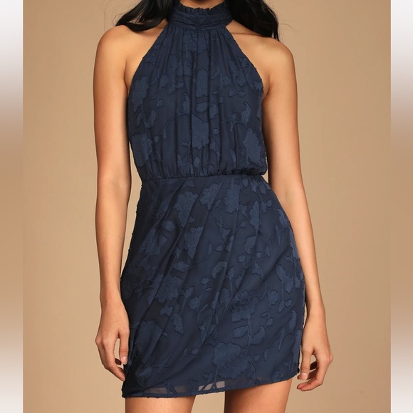 Lulus Chic Demeanor Navy Blue Floral Jacquard Halter Mini Dress - Picture 2 of 6